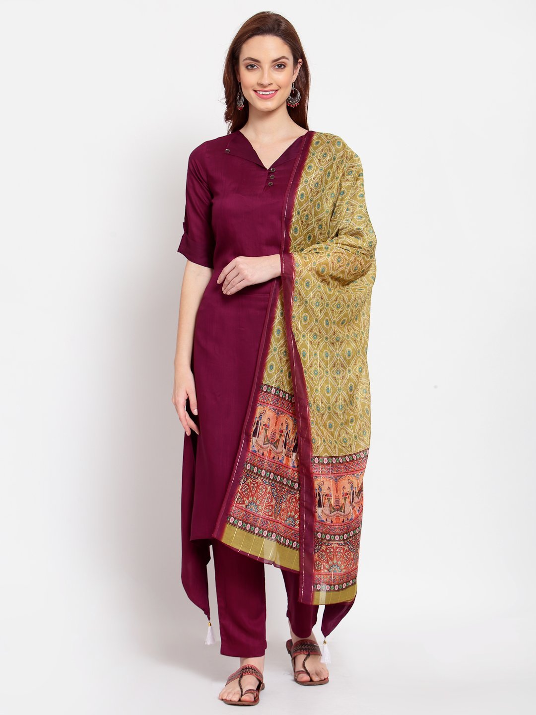 Women's Burgandy Solid Cotton Half Sleeve V Neck Casual Kurta Pant Dupatta Set