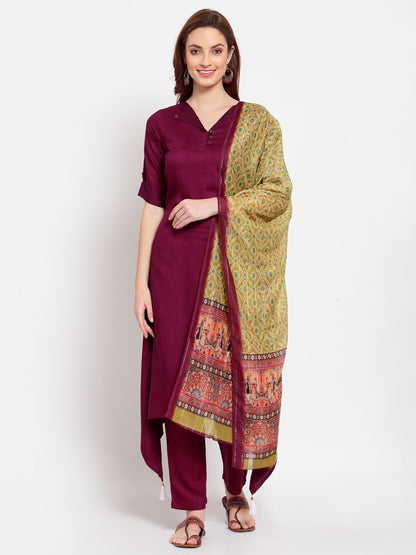 Women's Burgandy Solid Cotton Half Sleeve V Neck Casual Kurta Pant Dupatta Set