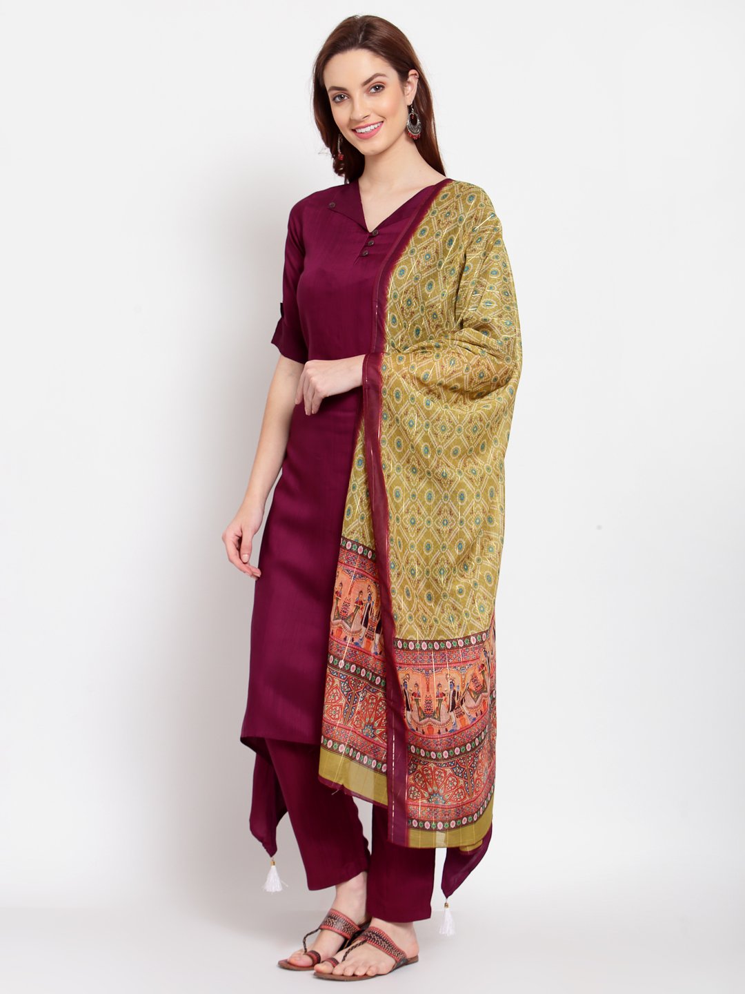 Women's Burgandy Solid Cotton Half Sleeve V Neck Casual Kurta Pant Dupatta Set