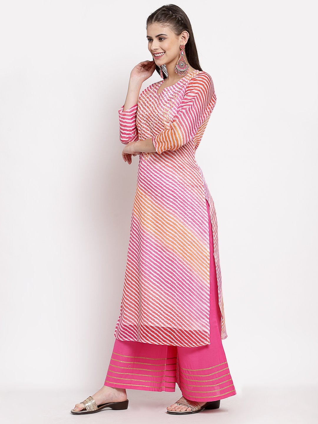 Women's Multi Cotton Printed 3/4 Sleeve Round Neck Casual Kurta