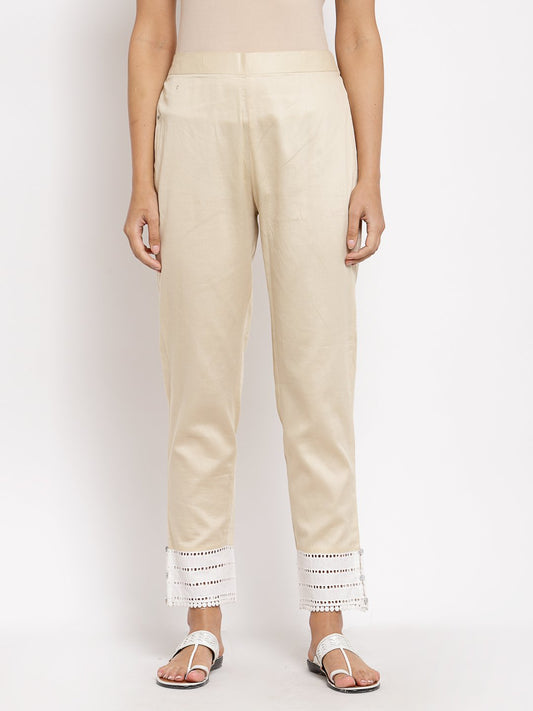 Women's Cream Cotton Solid Casual Trouser