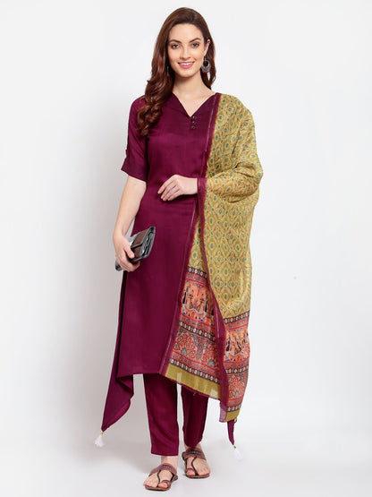 Women's Burgandy Solid Cotton Half Sleeve V Neck Casual Kurta Pant Dupatta Set