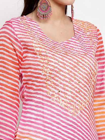 Women's Multi Cotton Printed 3/4 Sleeve Round Neck Casual Kurta