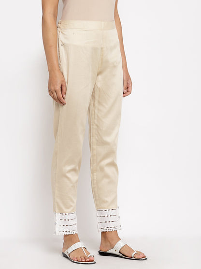 Women's Cream Cotton Solid Casual Trouser
