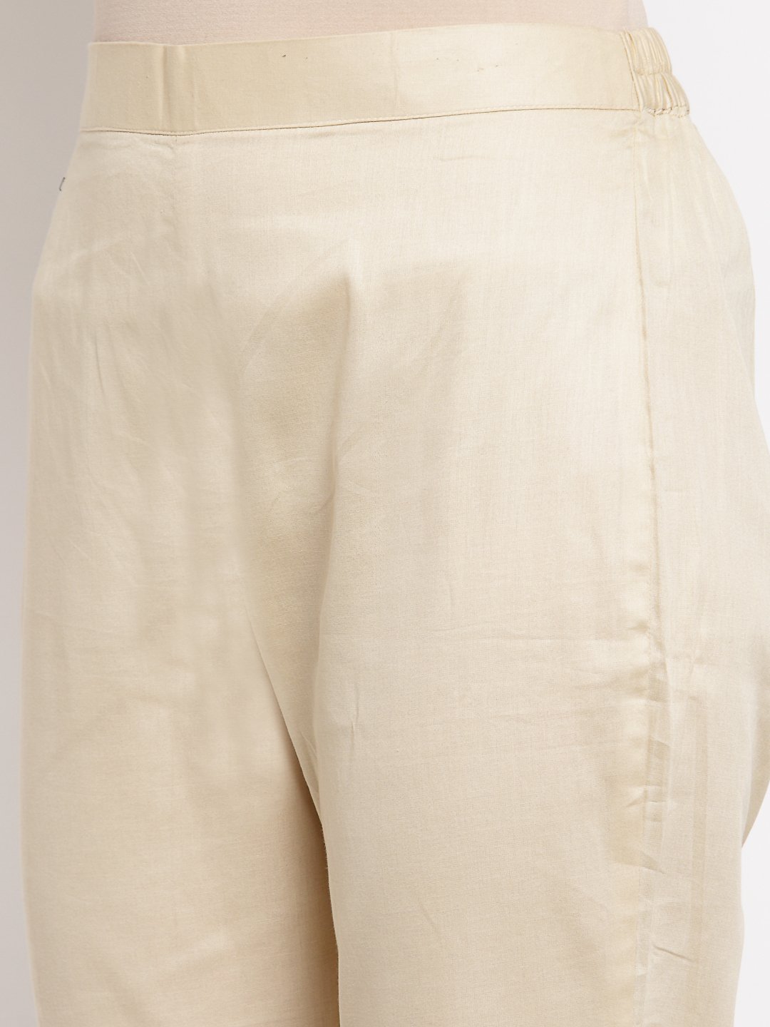 Women's Cream Cotton Solid Casual Trouser
