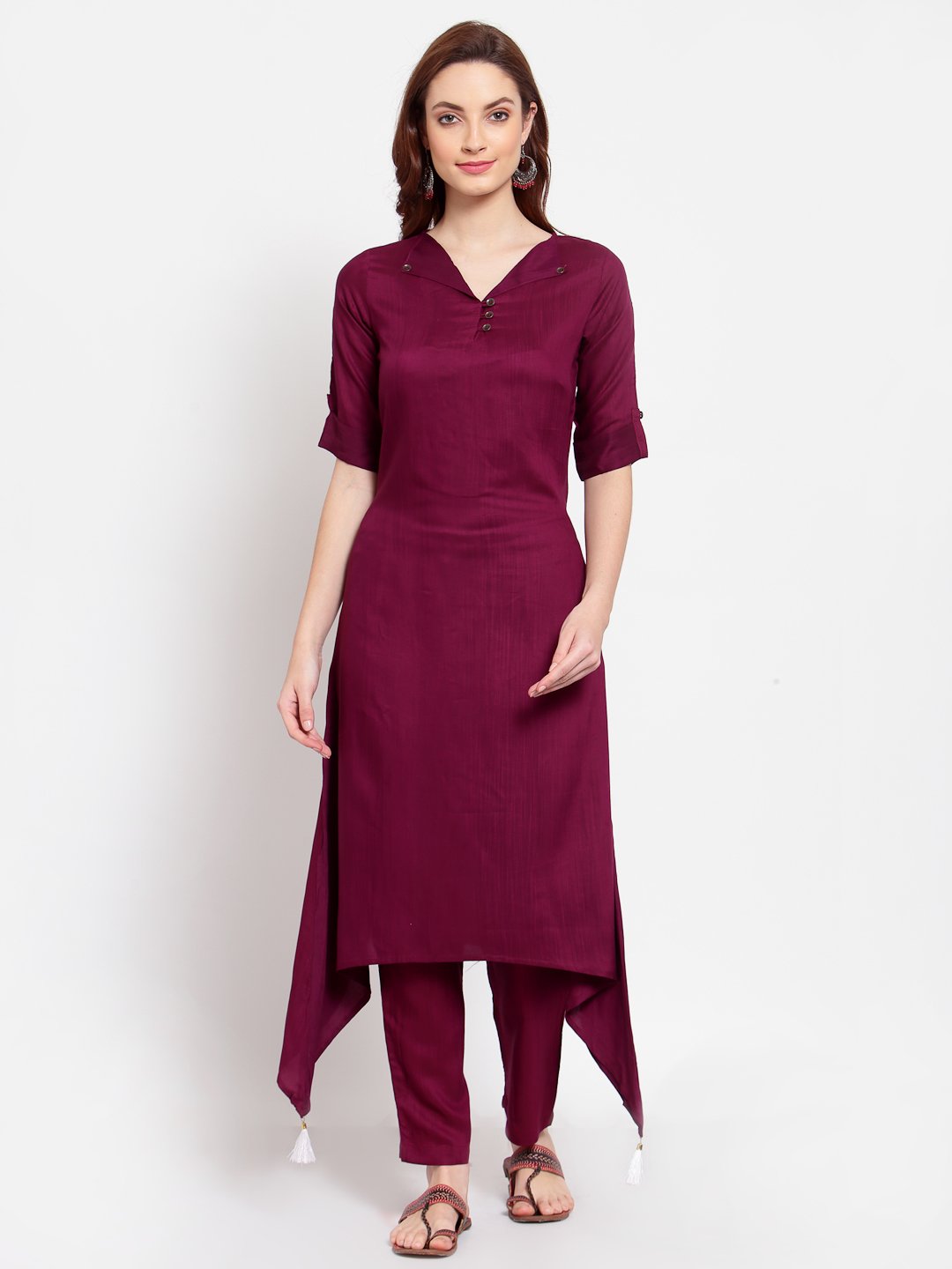 Women's Burgandy Solid Cotton Half Sleeve V Neck Casual Kurta Pant Dupatta Set