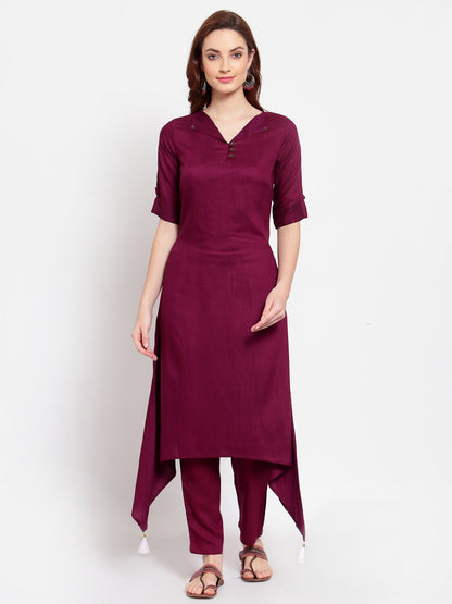 Women's Burgandy Solid Cotton Half Sleeve V Neck Casual Kurta Pant Dupatta Set