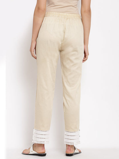 Women's Cream Cotton Solid Casual Trouser