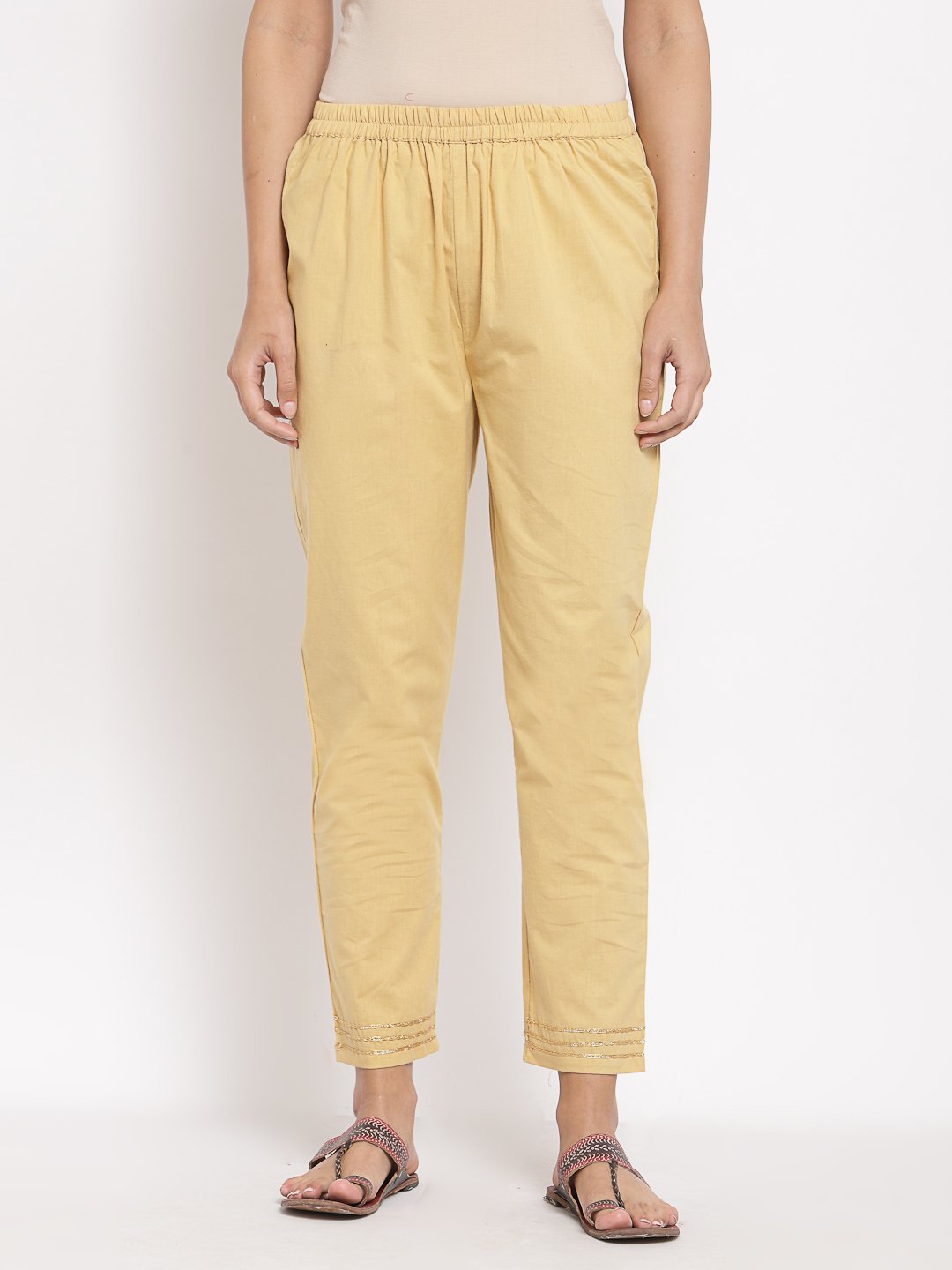Women's Cream Cotton Solid Casual Trouser