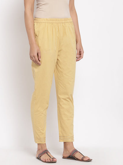 Women's Cream Cotton Solid Casual Trouser