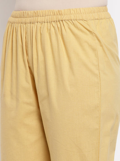 Women's Cream Cotton Solid Casual Trouser