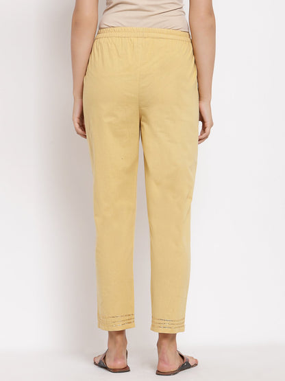 Women's Cream Cotton Solid Casual Trouser