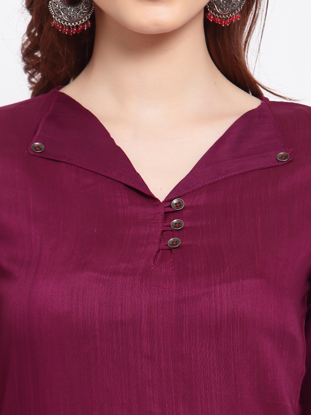 Women's Burgandy Solid Cotton Half Sleeve V Neck Casual Kurta Pant Dupatta Set