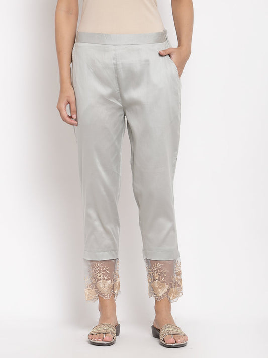 Women's Grey Cotton Solid Casual Trouser