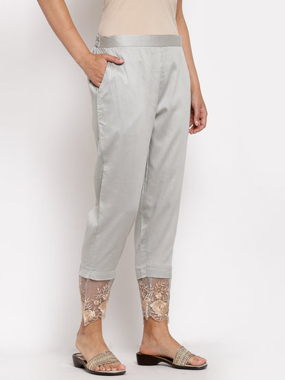 Women's Grey Cotton Solid Casual Trouser