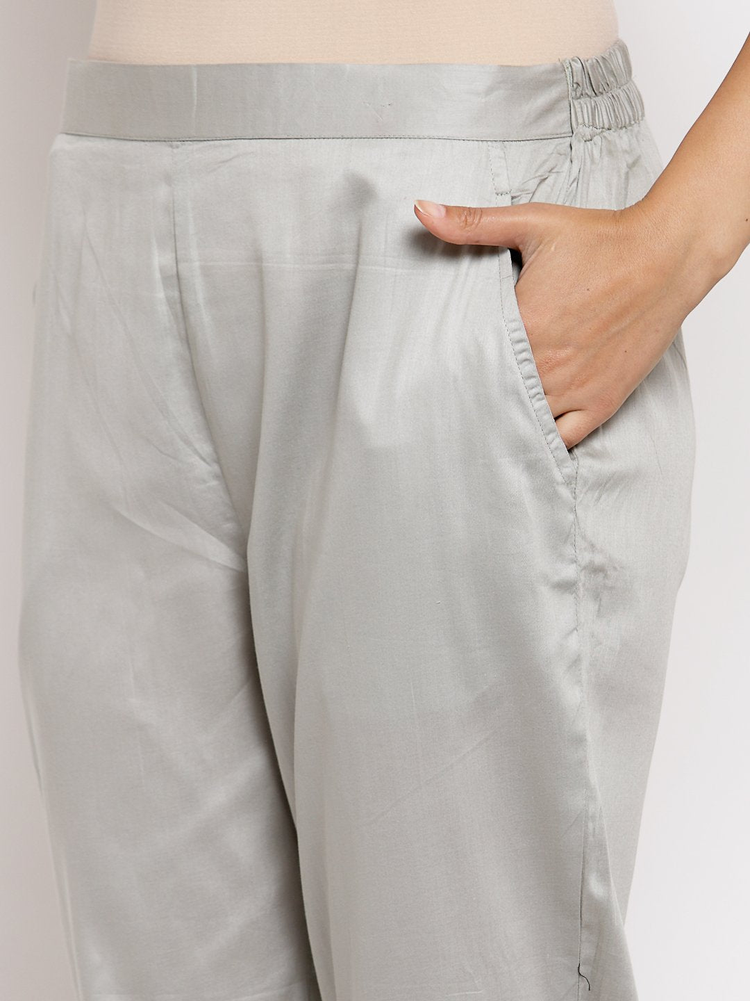 Women's Grey Cotton Solid Casual Trouser