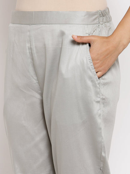 Women's Grey Cotton Solid Casual Trouser