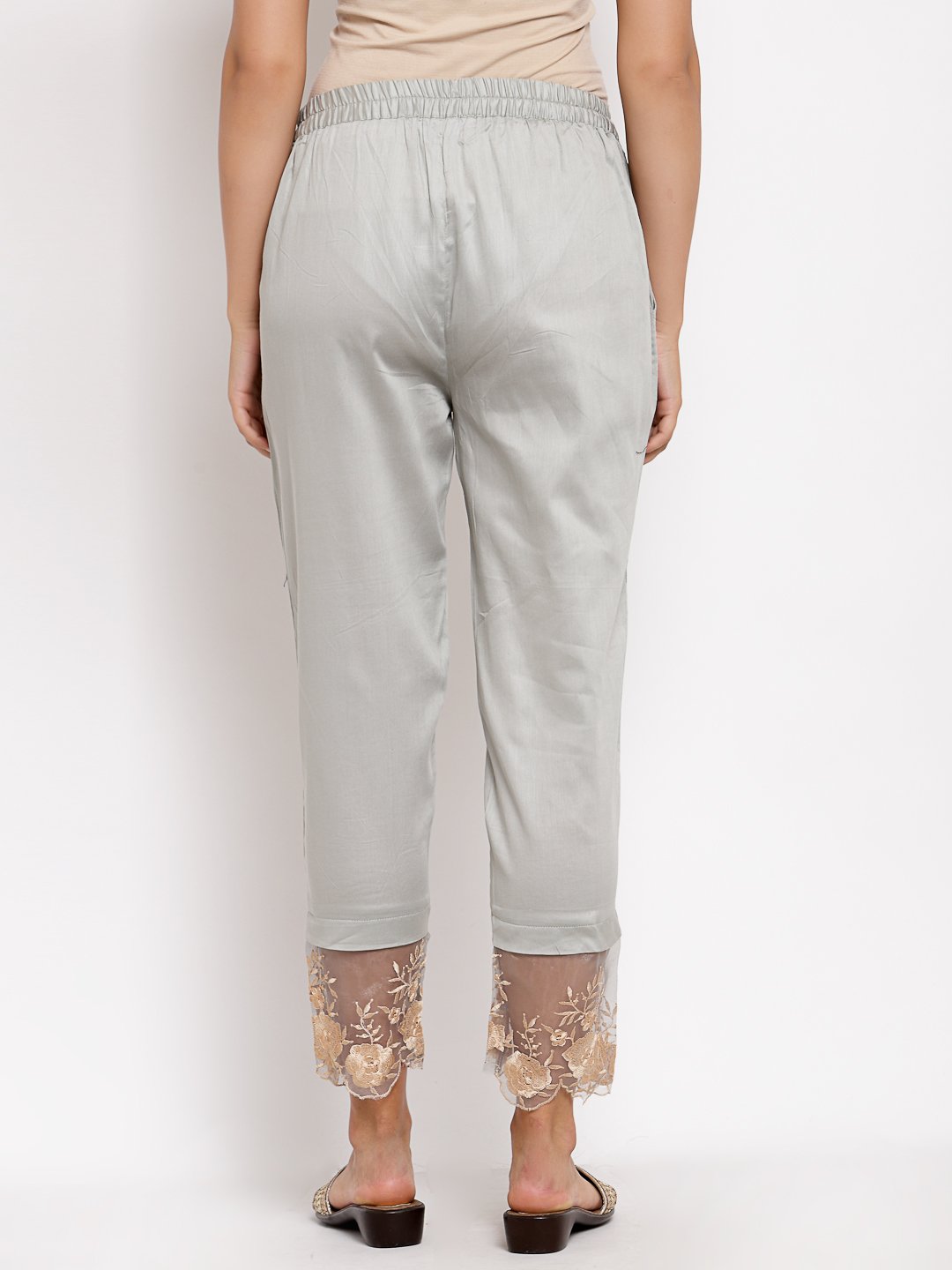 Women's Grey Cotton Solid Casual Trouser