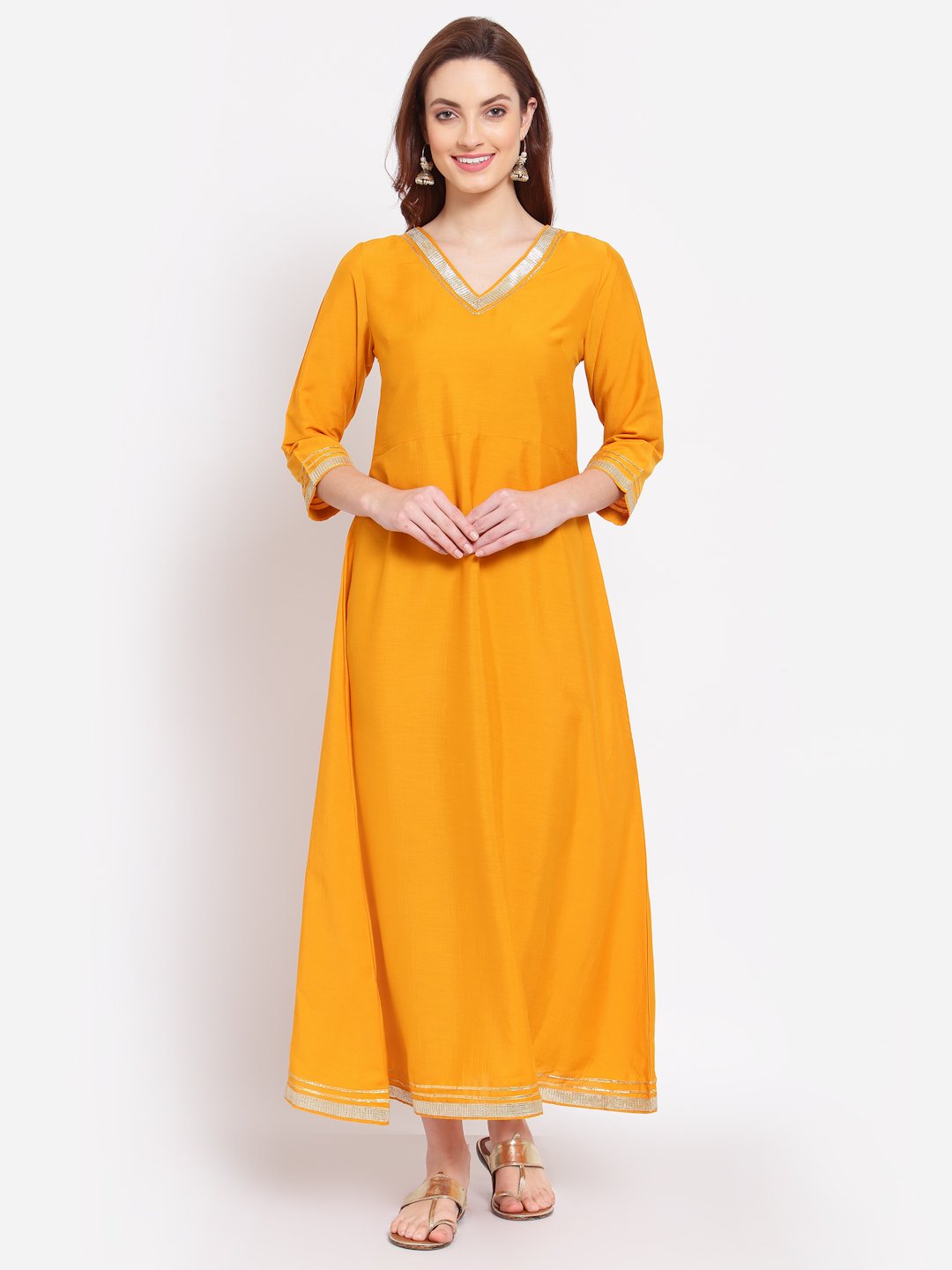 Women's Yellow Printed Silk Blend 3/4 Sleeve V Neck Casual Kurta Dupatta Set