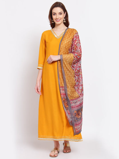 Women's Yellow Printed Silk Blend 3/4 Sleeve V Neck Casual Kurta Dupatta Set