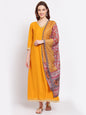 Women's Yellow Printed Silk Blend 3/4 Sleeve V Neck Casual Kurta Dupatta Set