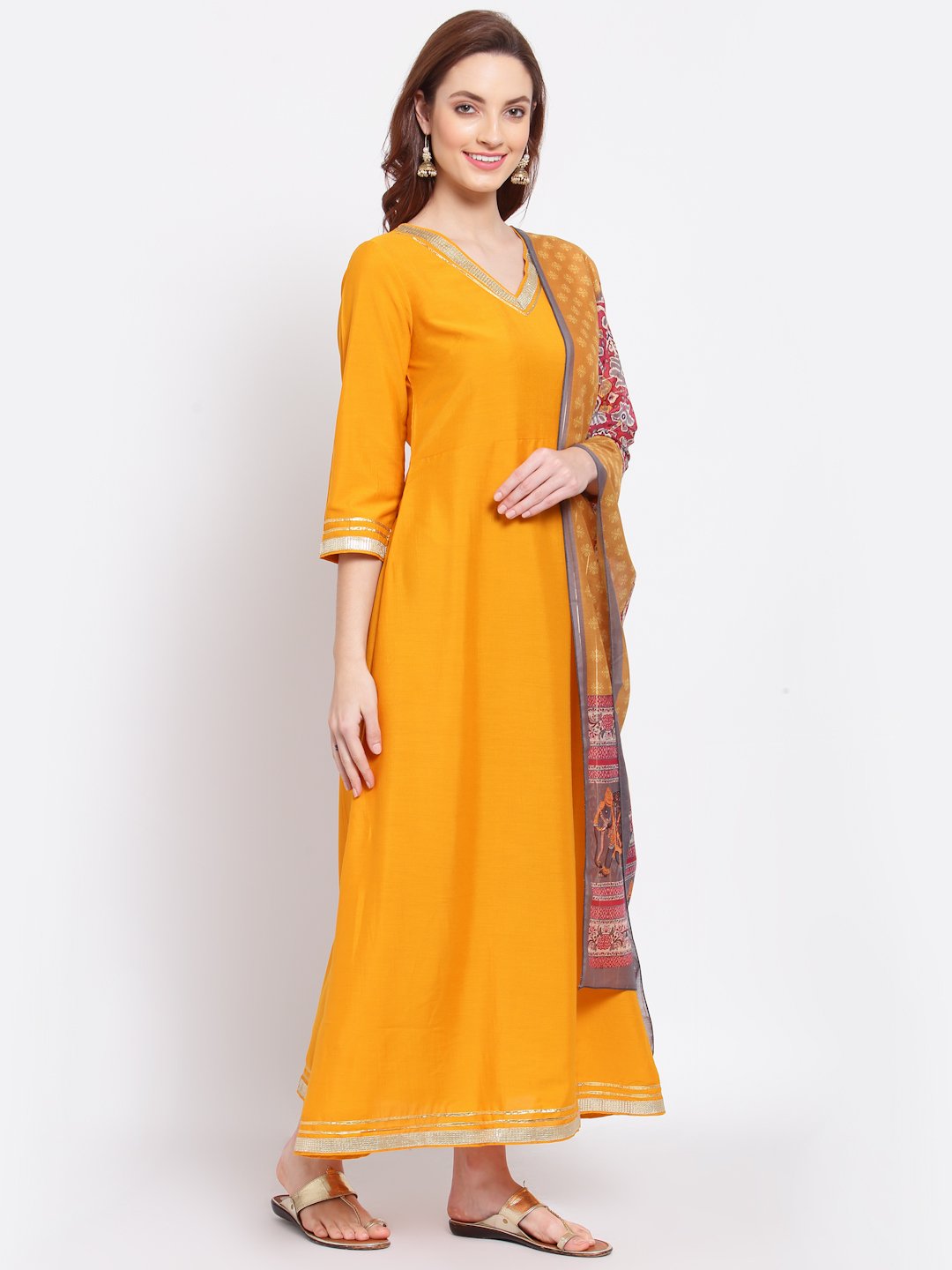 Women's Yellow Printed Silk Blend 3/4 Sleeve V Neck Casual Kurta Dupatta Set