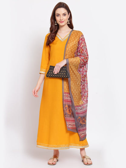 Women's Yellow Printed Silk Blend 3/4 Sleeve V Neck Casual Kurta Dupatta Set