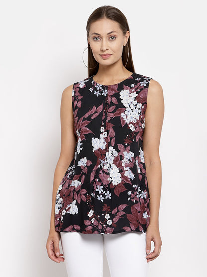 Women Black floral Printed Top by Myshka (