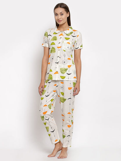 Women's Multi Cotton Printed Half Sleeve Collar Neck Casual Night suit