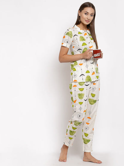 Women's Multi Cotton Printed Half Sleeve Collar Neck Casual Night suit