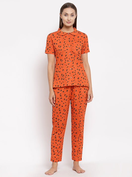 Women Orange Cotton Printed Night suit by Myshka (
