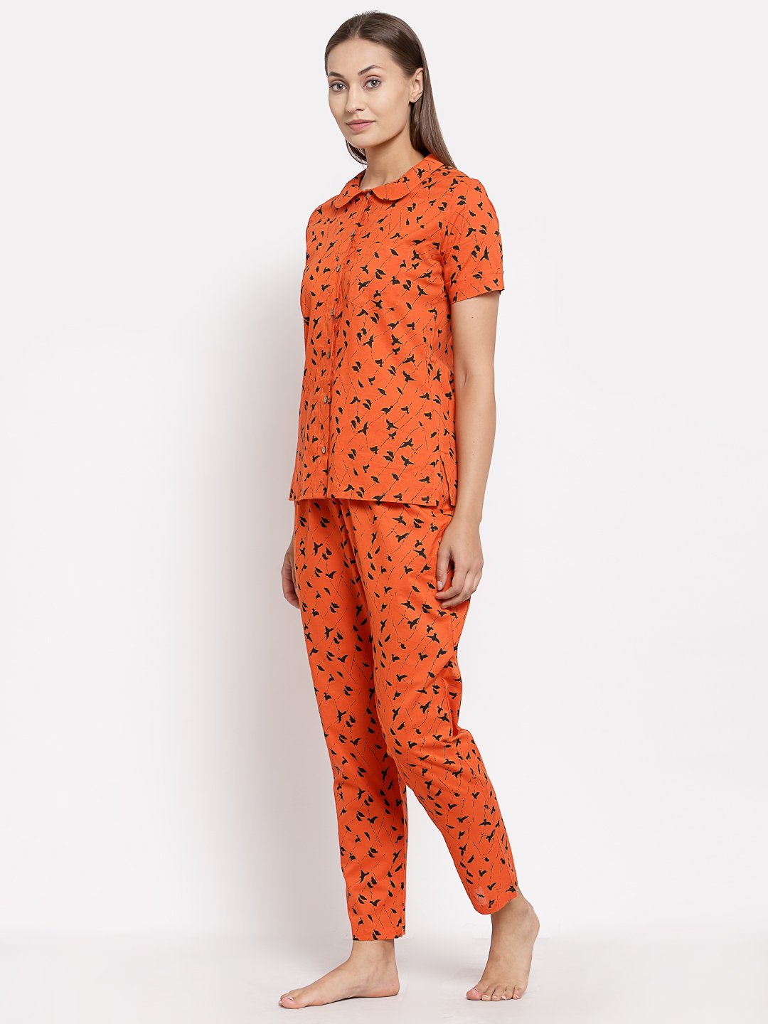 Women Orange Cotton Printed Night suit by Myshka (