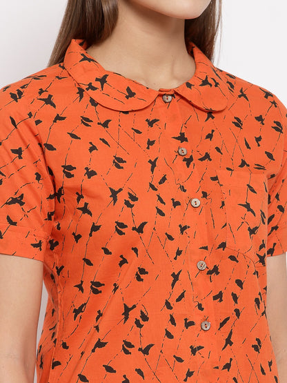 Women Orange Cotton Printed Night suit by Myshka (