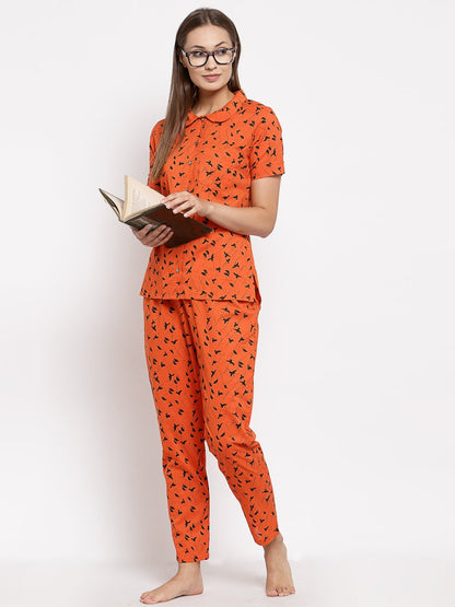 Women Orange Cotton Printed Night suit by Myshka (