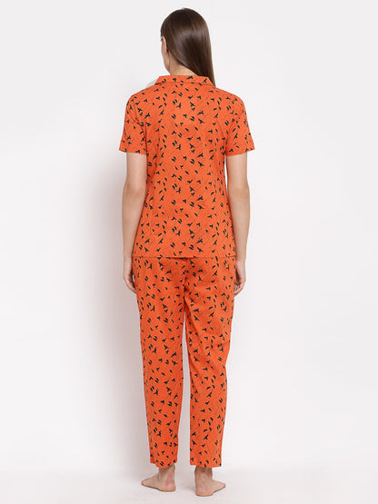 Women Orange Cotton Printed Night suit by Myshka (