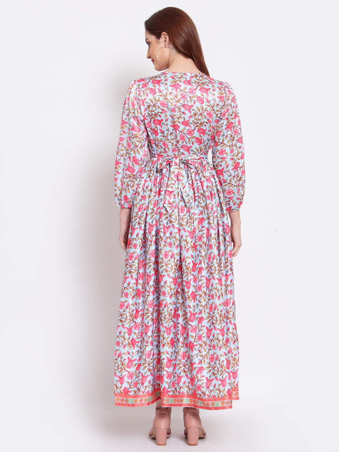 Women's Multi Printed Cotton Blend 3/4 Sleeve V Neck Casual Dress