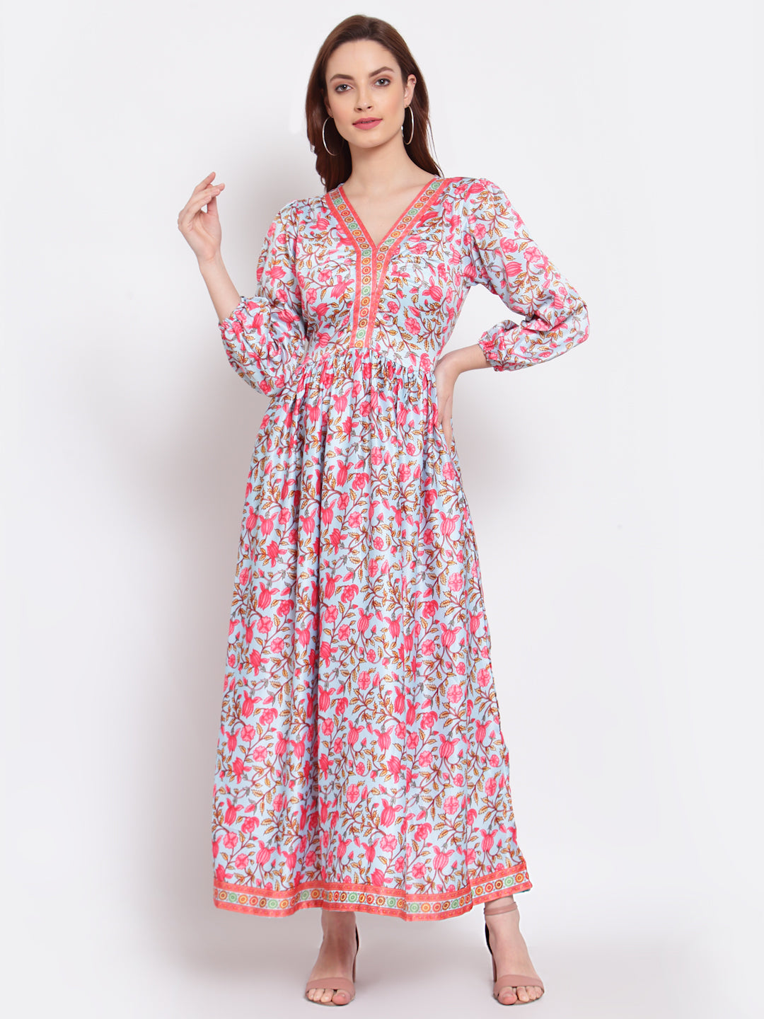 Women's Multi Printed Cotton Blend 3/4 Sleeve V Neck Casual Dress