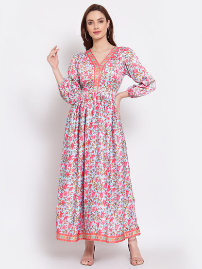 Women's Multi Printed Cotton Blend 3/4 Sleeve V Neck Casual Dress