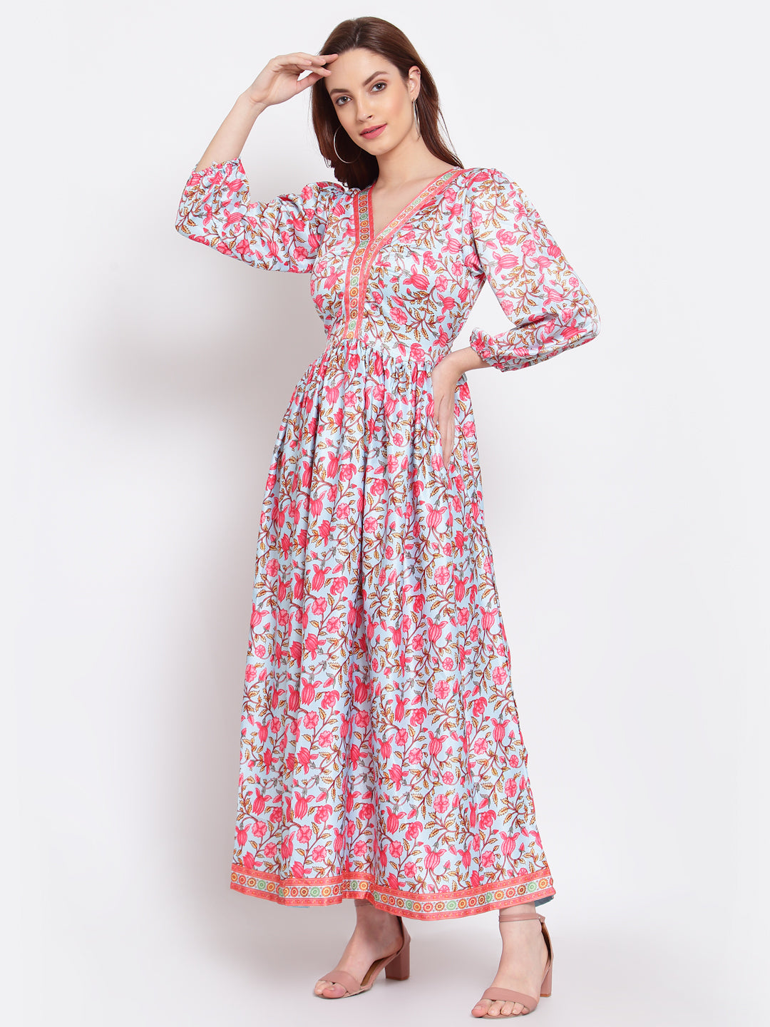 Women's Multi Printed Cotton Blend 3/4 Sleeve V Neck Casual Dress