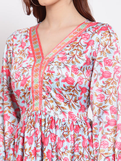 Women's Multi Printed Cotton Blend 3/4 Sleeve V Neck Casual Dress