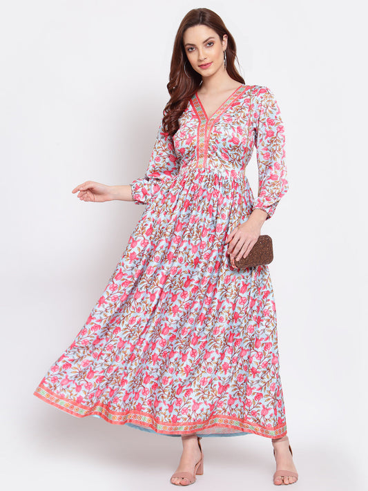 Women's Multi Printed Cotton Blend 3/4 Sleeve V Neck Casual Dress