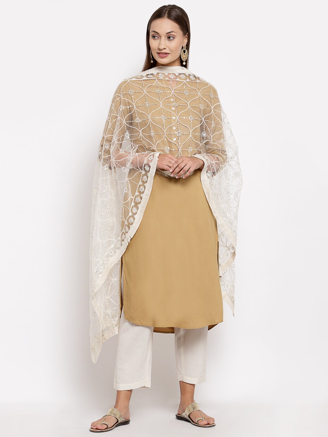 Women's White Net Solid Casual Dupatta