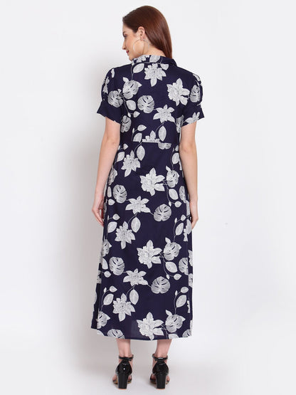 Women's Navy Blue Printed Cotton Short Sleeve Collar Neck Casual Dress