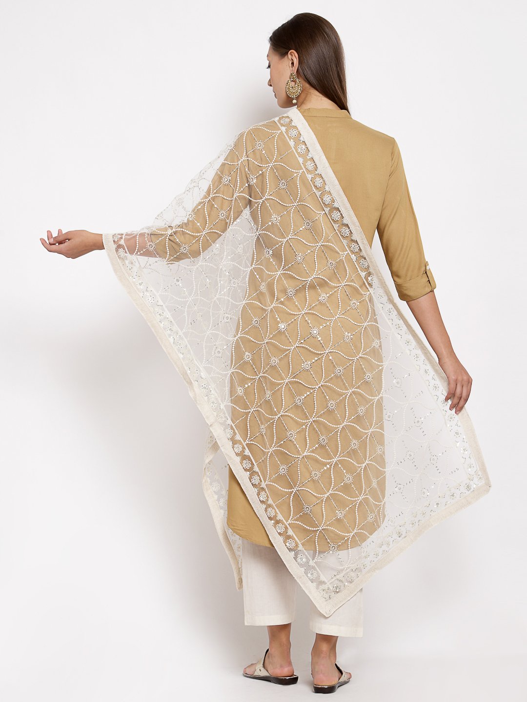 Women's White Net Solid Casual Dupatta