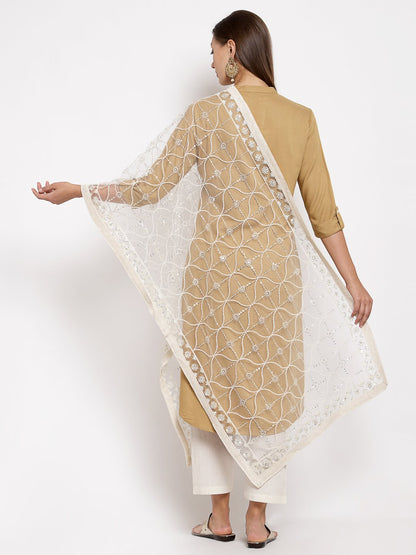 Women's White Net Solid Casual Dupatta