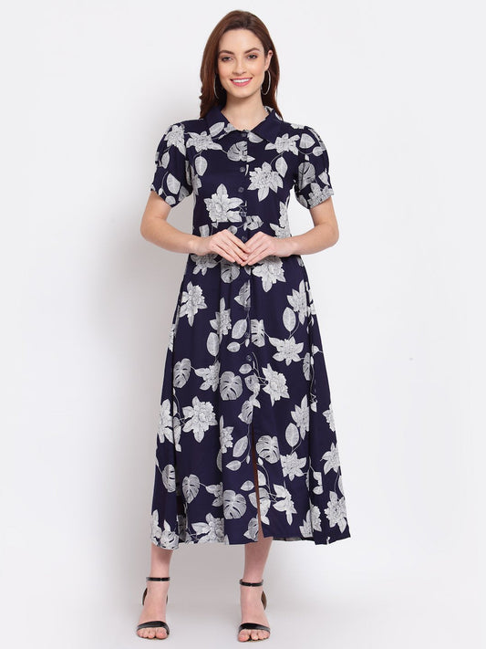 Women's Navy Blue Printed Cotton Short Sleeve Collar Neck Casual Dress