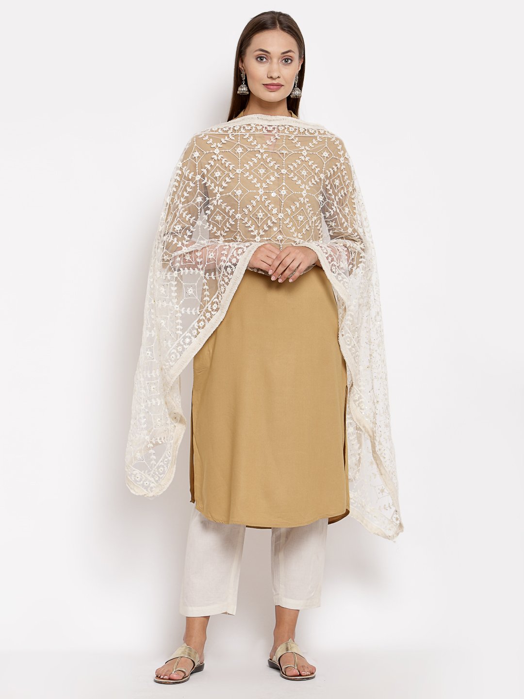 Women's White Net Solid Casual Dupatta