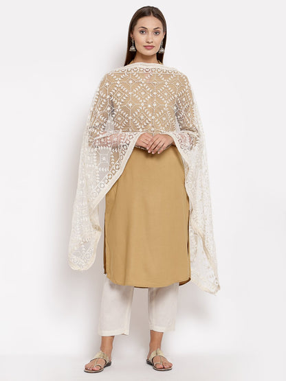 Women's White Net Solid Casual Dupatta