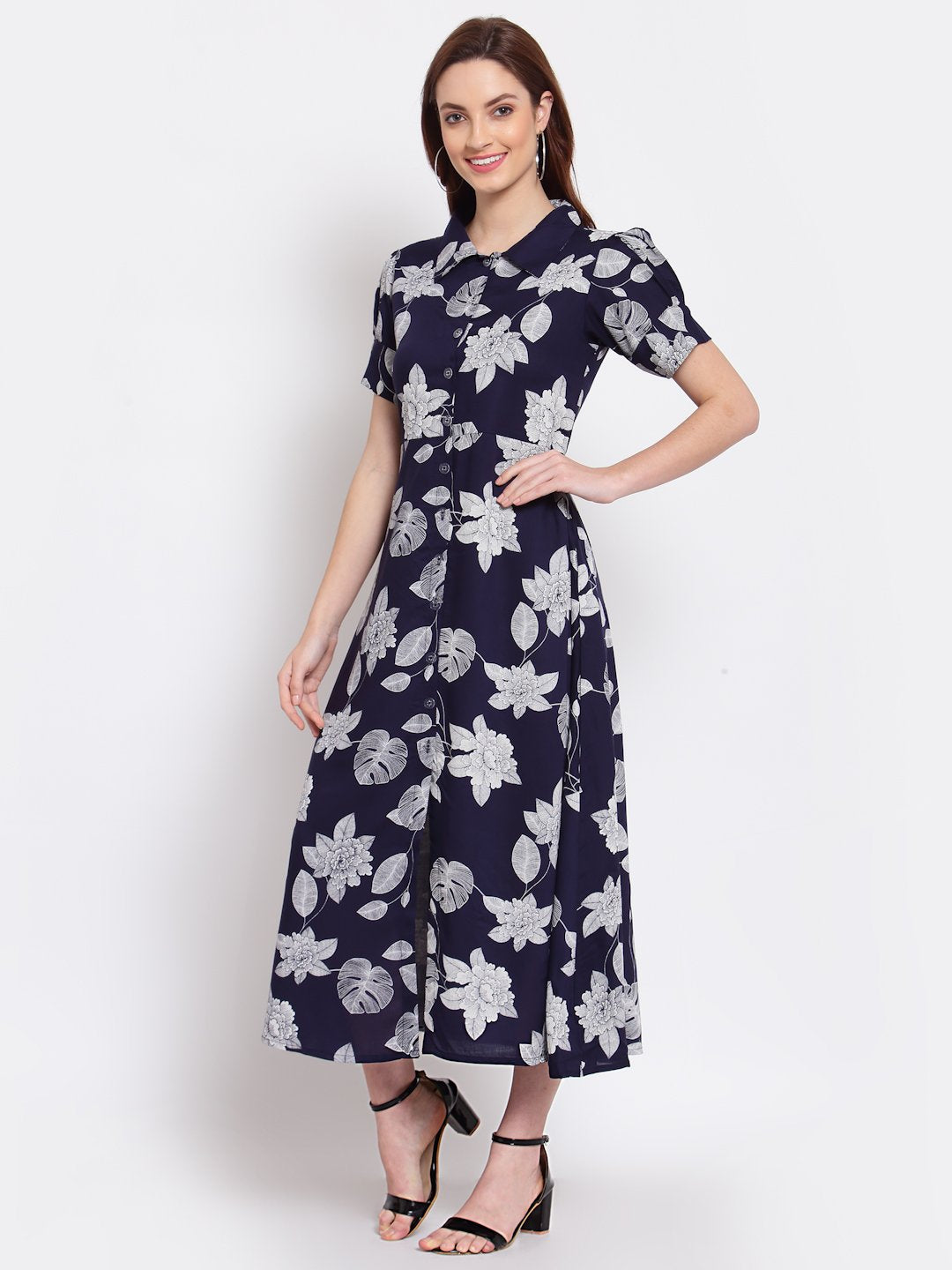 Women's Navy Blue Printed Cotton Short Sleeve Collar Neck Casual Dress