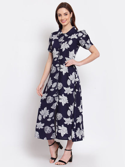 Women's Navy Blue Printed Cotton Short Sleeve Collar Neck Casual Dress